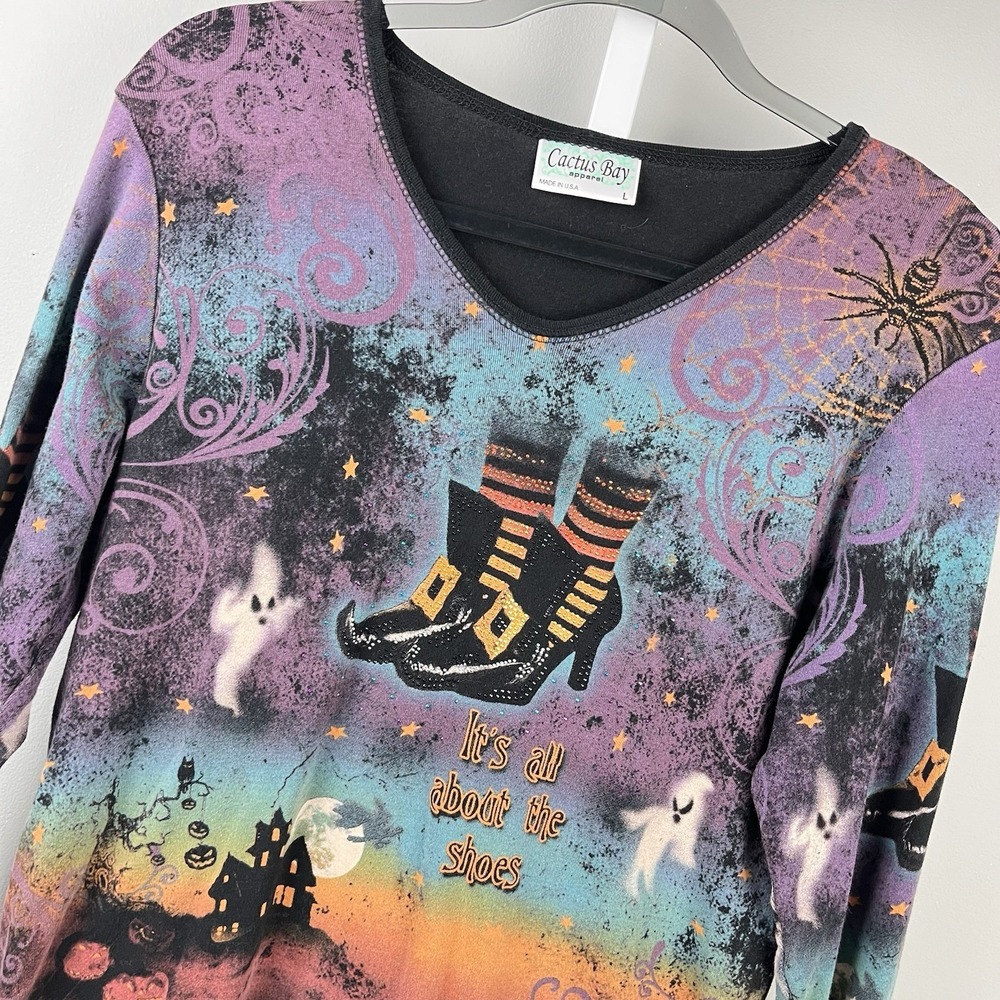 Cactus Bay Halloween Shirt Top Womens L Witch Shoes Rhinestones Y2K VTG